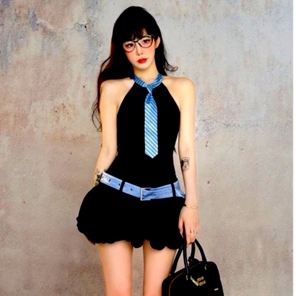 Chic Black Halter Dress with Blue Tie and Belt